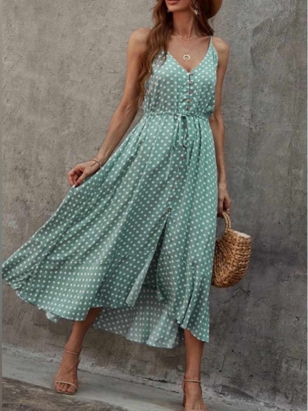 Brovave Polka Dot Strap Dress size XL green and white sleeveless